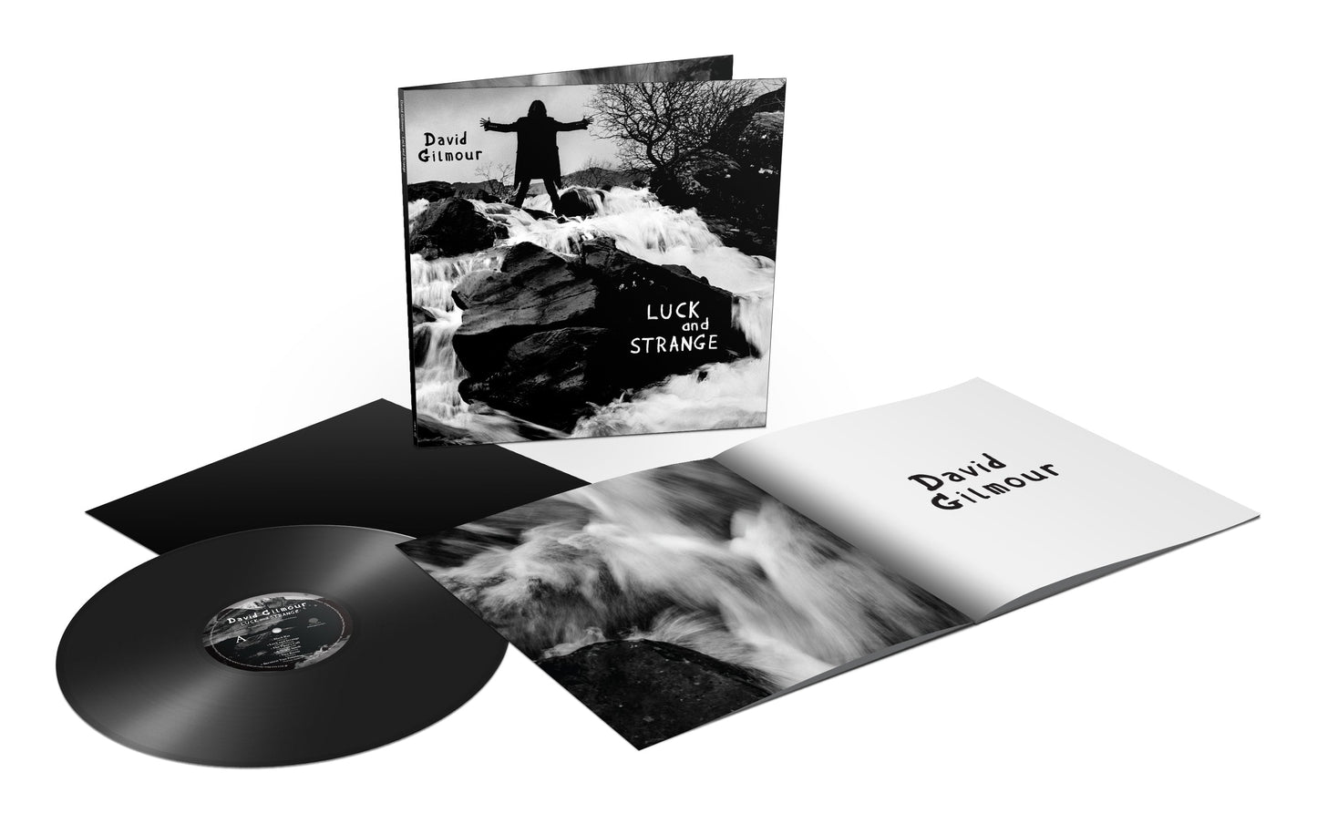 David Gilmour’s “Luck and Strange” vinyl record, album cover, and insert.