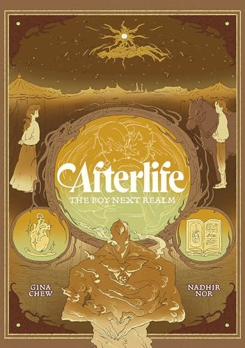 Book cover: "Afterlife," featuring figures, ornate circles, and a glowing sun.