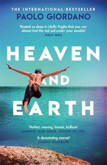 Book cover: “Heaven and Earth” with a man jumping towards the sea.