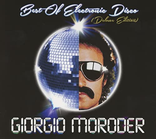 Giorgio Moroder album cover featuring a disco ball and portrait.