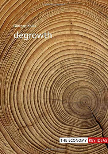 Book cover with tree rings and the title "degrowth" in white text.