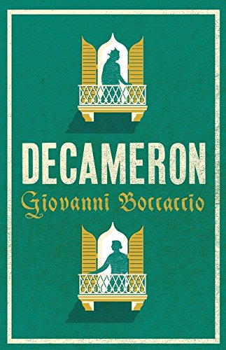 Green book cover with ornate windows and the title "Decameron" in gold.