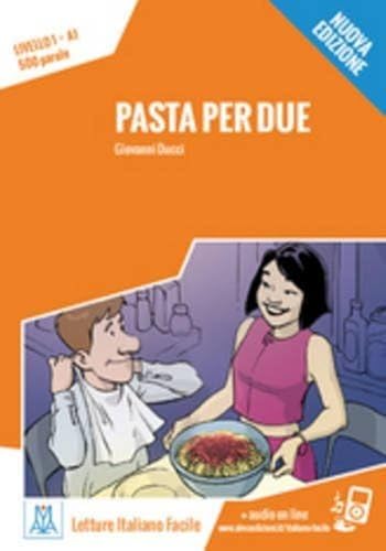 Book cover with orange background, title Pasta per due, and cartoon illustration of dinner.