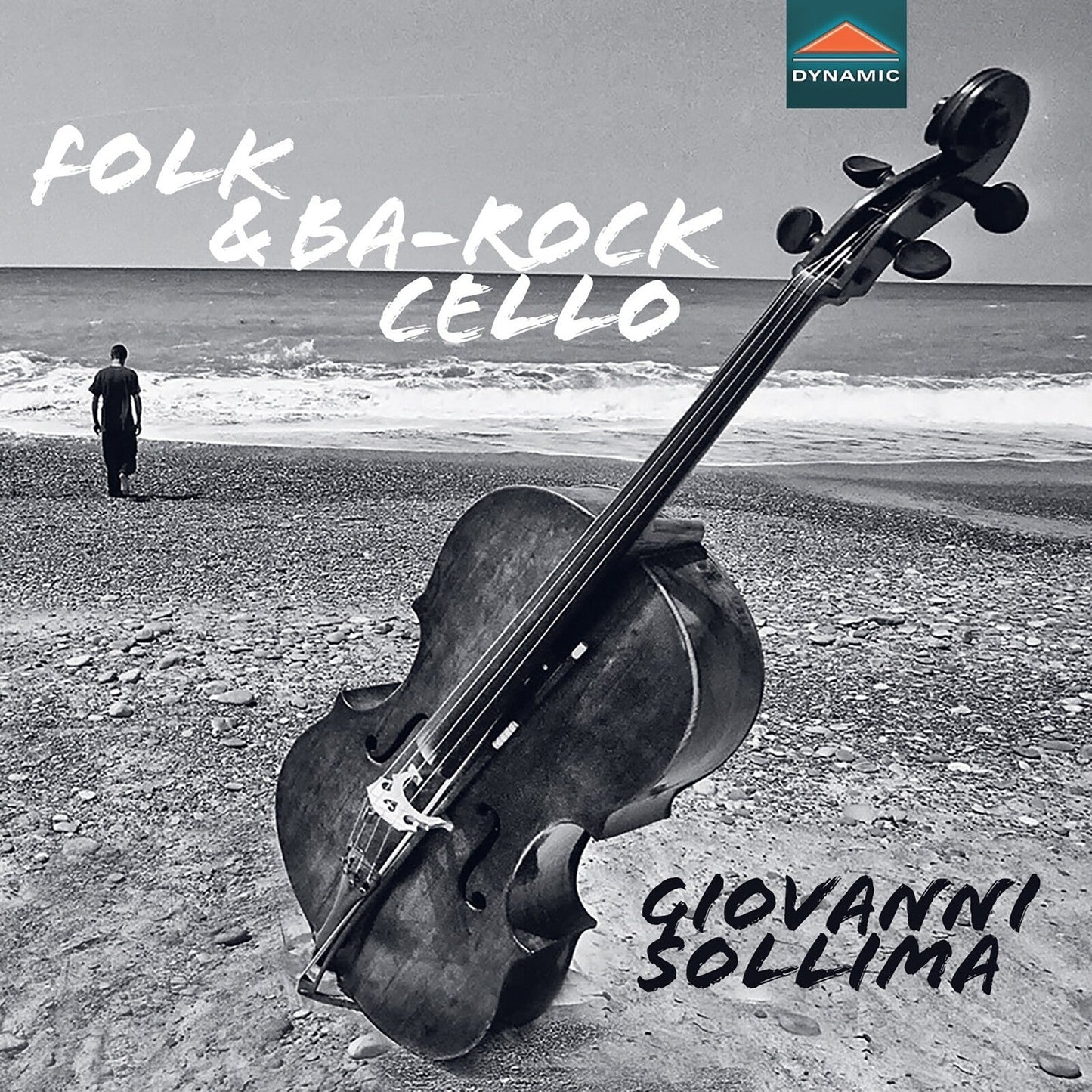 CD cover: cello on a beach with a distant figure.