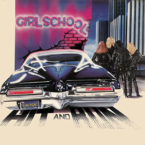 Girlschool album cover: car, three women, and cracked wall illustration.