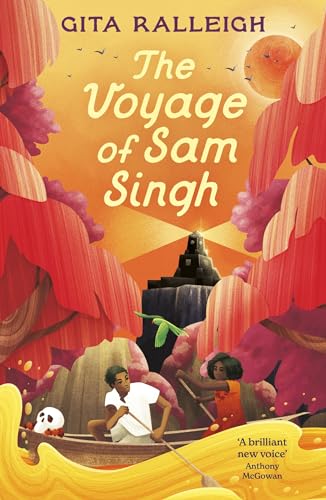 Book cover: two children rowing a boat toward a mysterious island.