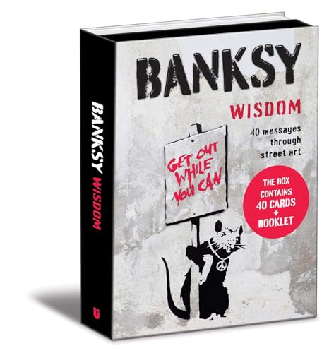 A boxed set titled Banksy Wisdom featuring a rat holding a sign on a wall.