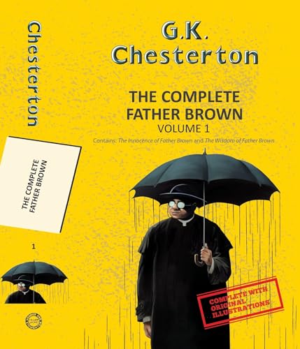 Yellow book cover featuring Father Brown with an umbrella in the rain.