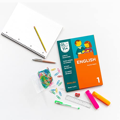 GL Assessment 11+ English practice book with stationery on a white background.