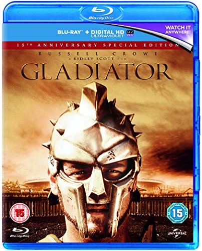 Blu-ray cover art for Gladiator, featuring a man wearing a metal gladiator helmet.