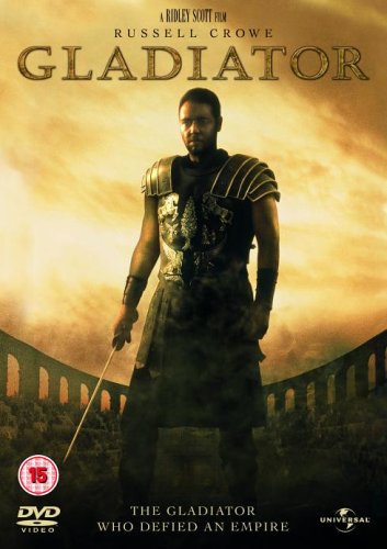 DVD cover for "Gladiator" featuring Russell Crowe in armor, with a coliseum backdrop.