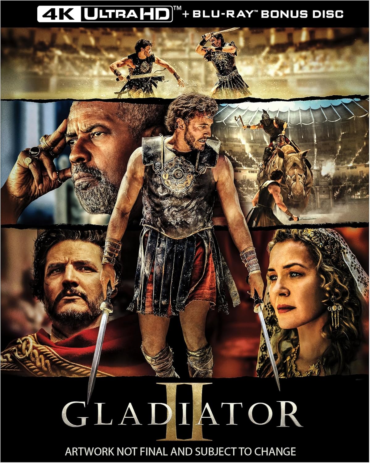 Gladiator II UHD Blu-ray cover featuring Maximus and other characters in battle.