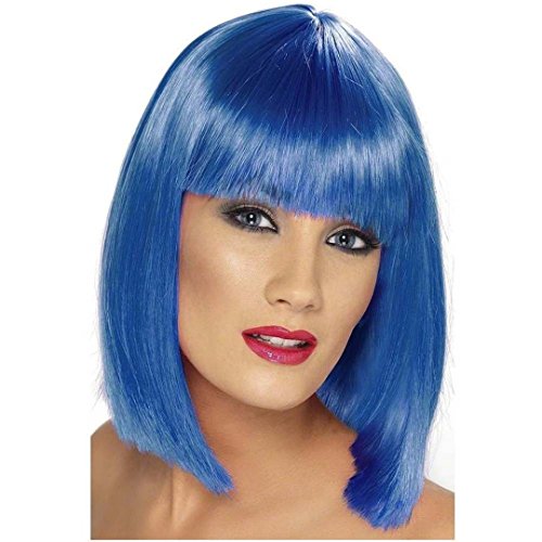Bright blue bob wig with bangs, worn on a mannequin head.