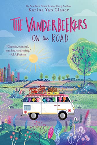 Book cover: a white van with a family and luggage travels a road.