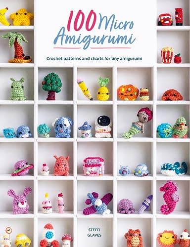 Book cover featuring tiny crocheted amigurumi figures displayed in a white grid shelf.