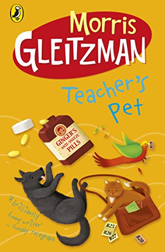 Book cover: "Teacher's Pet" with a dog, cat, bird, and pills.