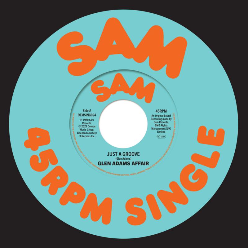 Vinyl record label with orange text on a teal background, “Glen Adams Affair.”