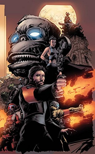 Comic book cover featuring a large robot, woman with a gun, and city landscape.