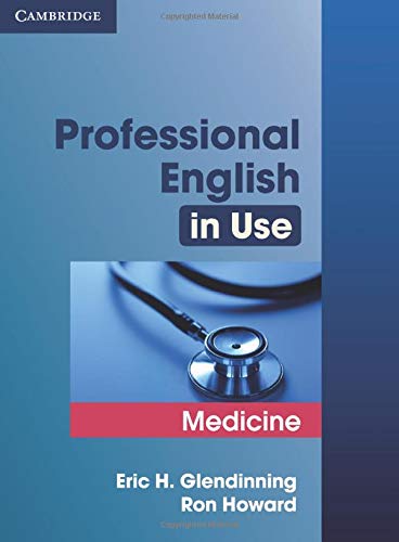 Blue textbook cover with stethoscope image, titled "Professional English in Use Medicine".