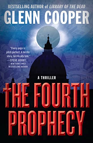 Book cover: “The Fourth Prophecy” with a dark, imposing building silhouette.
