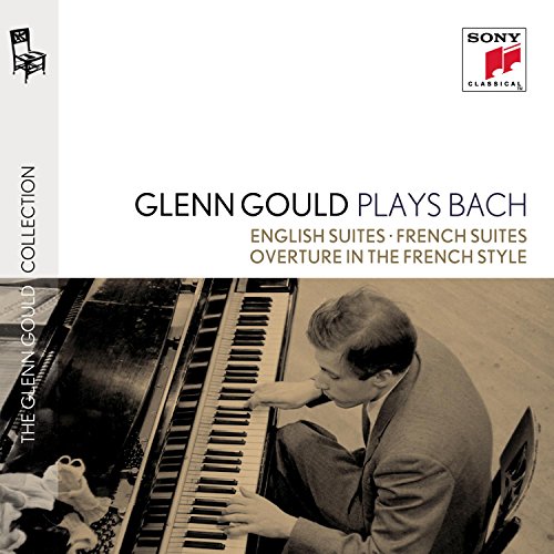Glenn Gould at a piano, album cover for Bach suites on Sony Classical.