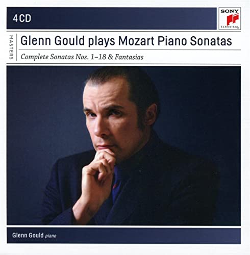 Glenn Gould portrait on a 4CD album cover of Mozart sonatas.
