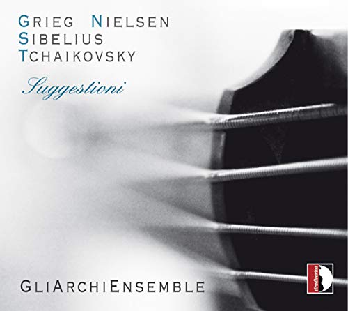 CD cover featuring composers’ names, “Suggestioni” title, and cello strings.