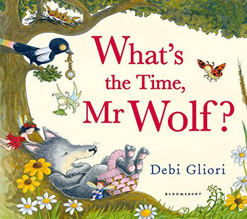 A wolf sleeps under a tree with fairies, a bird, and a picnic basket.