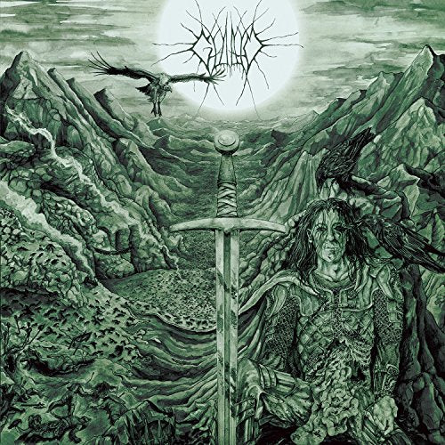 Dark fantasy album cover with mountains, a sword, and a figure.