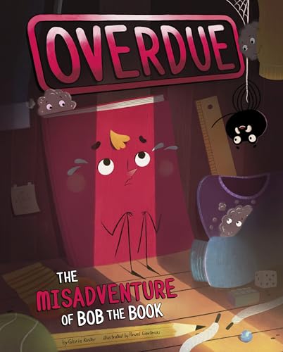 A sad red book character stands in a dark room with a spider nearby.