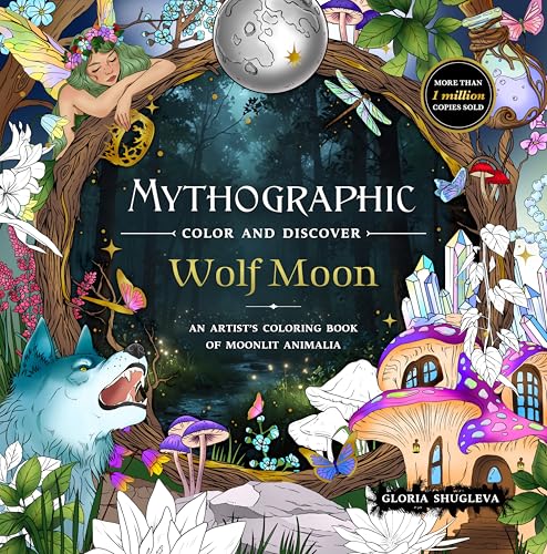 Coloring book cover with a wolf, fairy, moon, and fantastical forest scene.