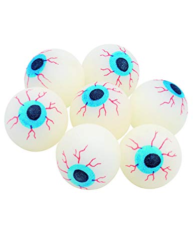 White bouncy balls with blue irises and red veins, resembling eyeballs.