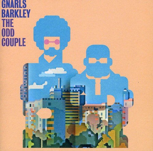 "Album cover with cartoon men and cityscape on peach background, blue silhouettes, and purple text."