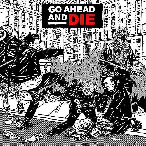 Black and white illustration of a riot scene with figures and flames.