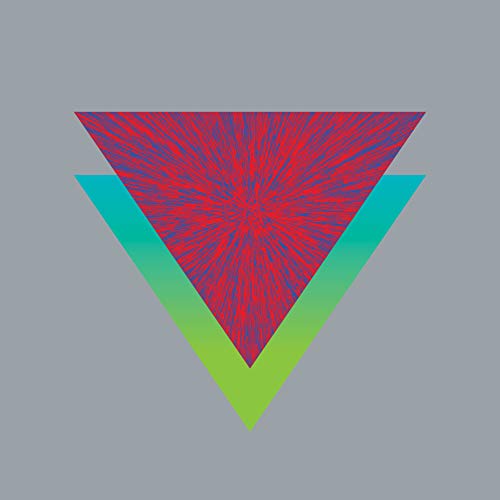 Abstract triangular design in red, green, and blue on gray background.
