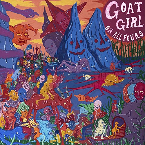 Goat Girl - On All Fours" CD cover: surreal, colorful landscape painting.