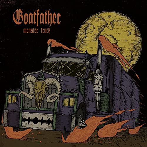 CD cover: dark illustration of a monster truck with ram horns.