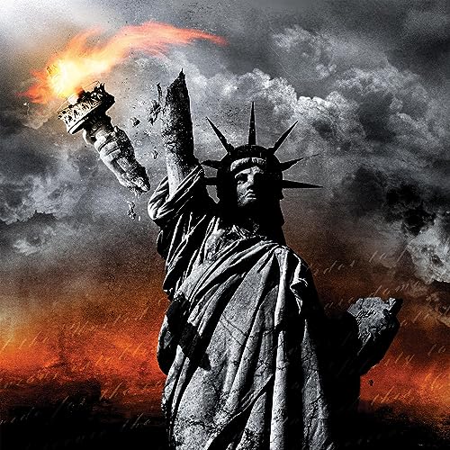 Statue of Liberty with a flaming torch against a stormy, fiery sky.
