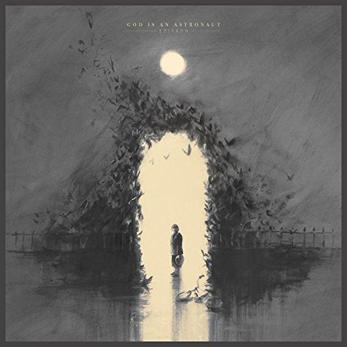 Album cover: a lone figure stands beneath a glowing archway, birds fly.