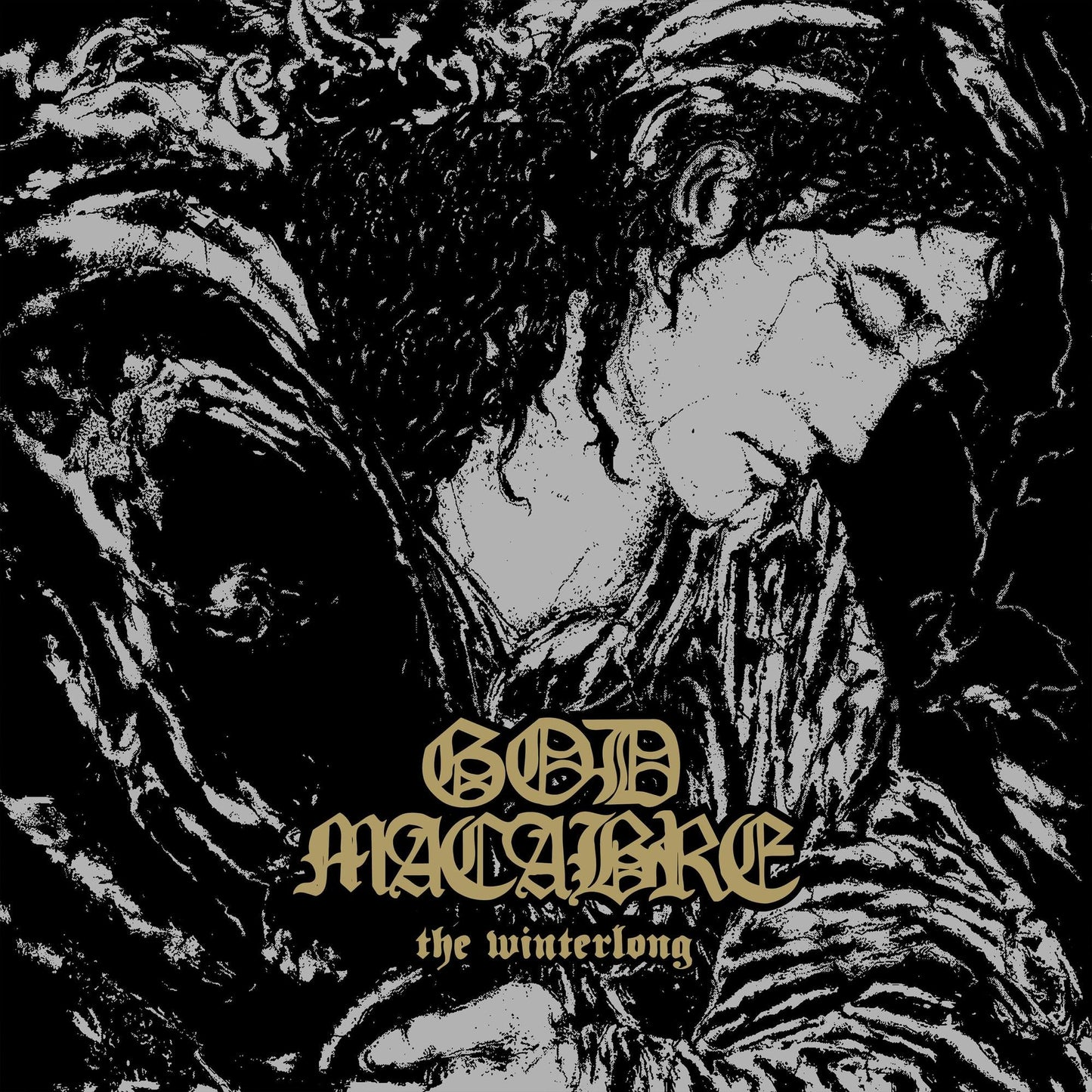 Black and white illustration of a sorrowful figure with stylized text on a vinyl cover.