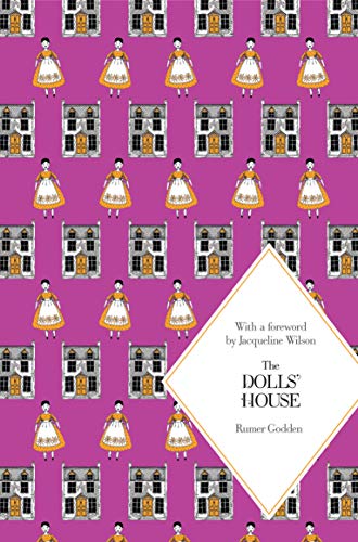 Book cover: repeating dolls and houses pattern on purple background.