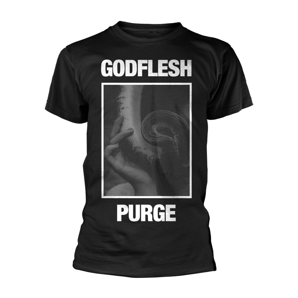 Black t-shirt with white "GODFLESH PURGE" text and snake image.