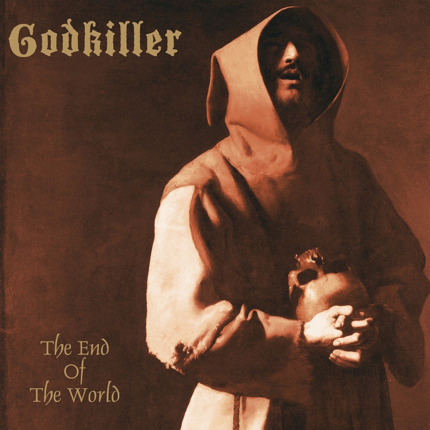 Sepia-toned album cover featuring a hooded monk holding a skull with text overlay.