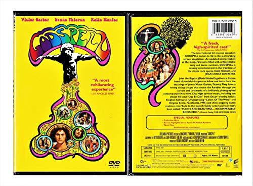 Godspell" DVD cover: yellow background, psychedelic art, and cast photos in ovals.