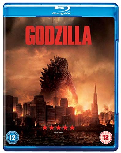 Godzilla Blu-ray cover with monster looming over a burning city.