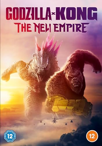 Godzilla and Kong facing each other, with helicopters below, DVD cover.