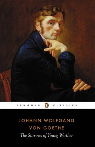 Book cover: portrait of a man in a dark coat, "The Sorrows of Young Werther".