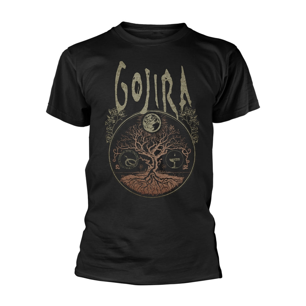 Black t-shirt with "GOJIRA" text and a circular tree design.