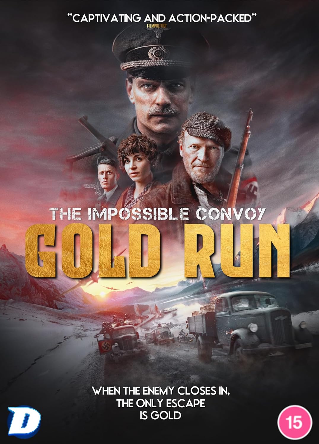 DVD cover for "Gold Run" depicting people and wartime vehicles.