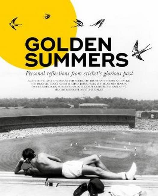 Book cover: "Golden Summers" with a cricket ground and reclining figure.